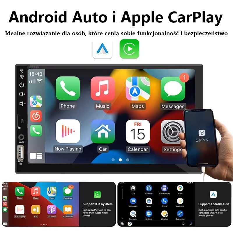 Radio 1 DIN 7 cali MP5 Android Auto Carplay Bluetooth kamera cofania