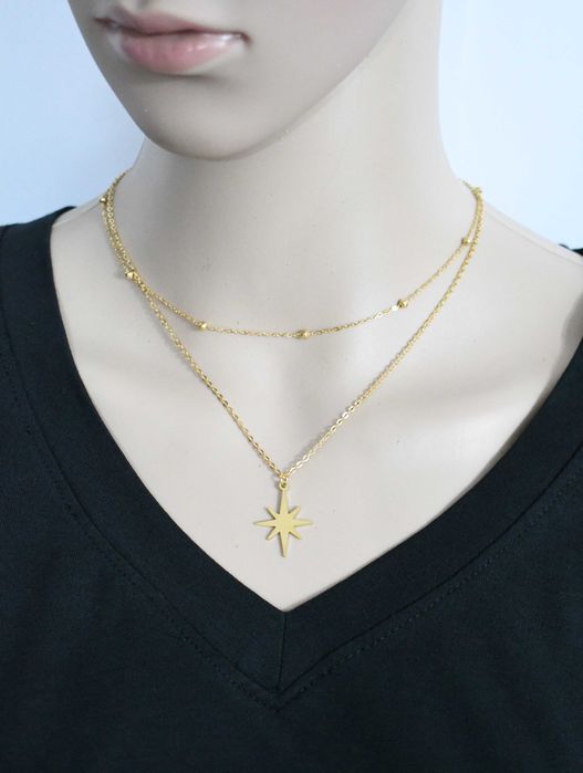 Naszyjnik DWA SZNURY złota gwiazdka GWIAZDA + kulki na prezent WYSYŁKA