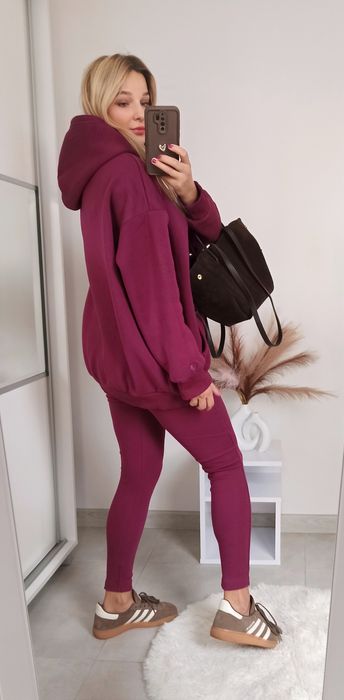 Dres komplet śliwkowy bluza ocieplana legginsy 100% bawełna
