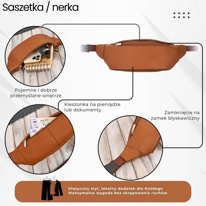 saszetka nerka męska skórzana na pas koniakowa skóra naturalna