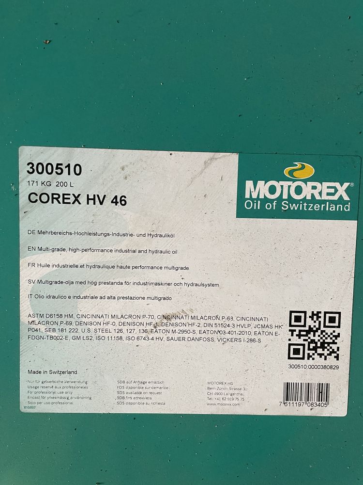 Olej hydrauliczny Motorex HV 46 Corex 200L