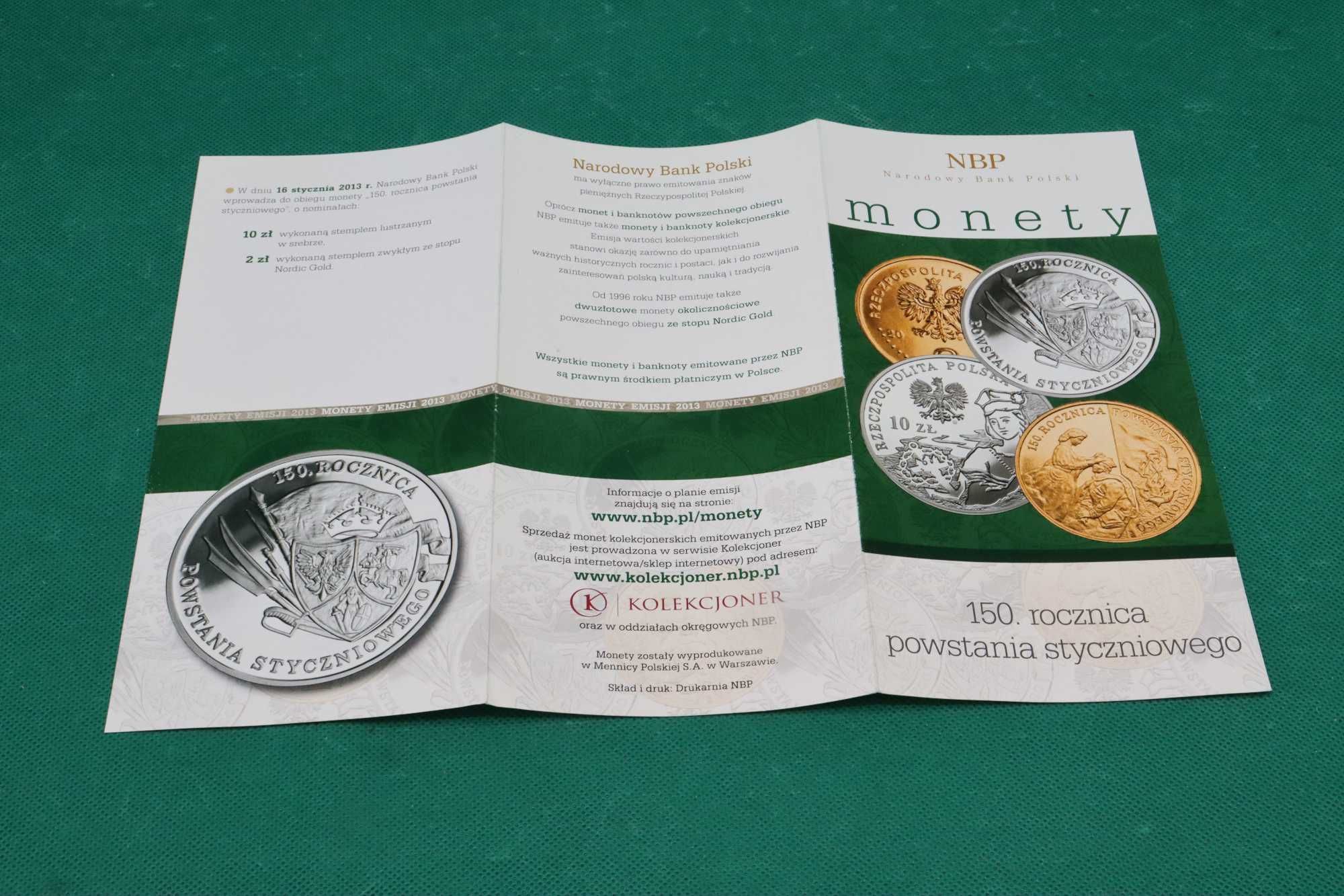 Moneta SREBRO 150 rocznica powstania styczniowego 10 zł plus folder