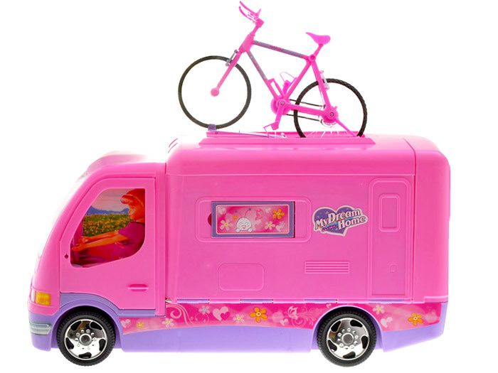 Różowy SAMOCHÓD dla lalki, jak Barbie Camper + rower, kamper