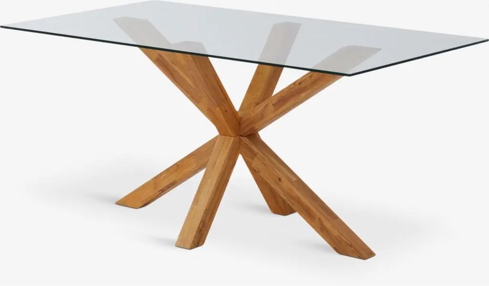 Mesa de jantar de vidro temperado e pes em carvalho maciço