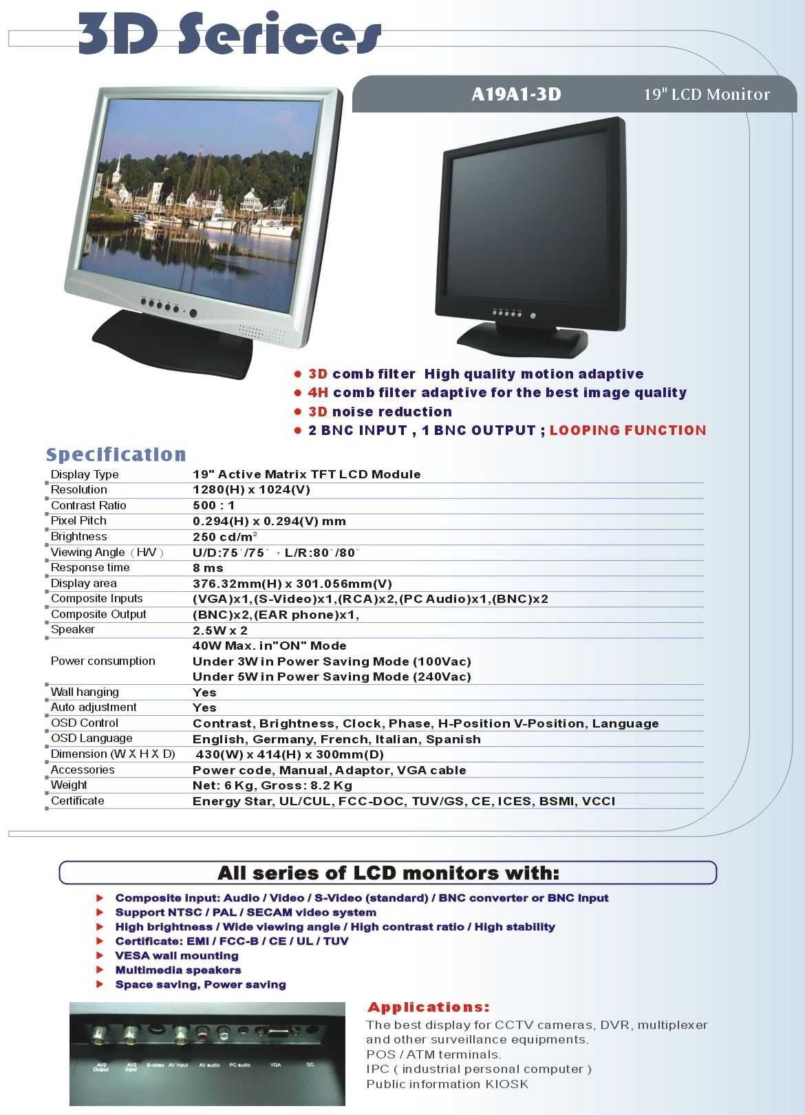 • Monitor Przemysłowy CCTV 19" LCD A19A1