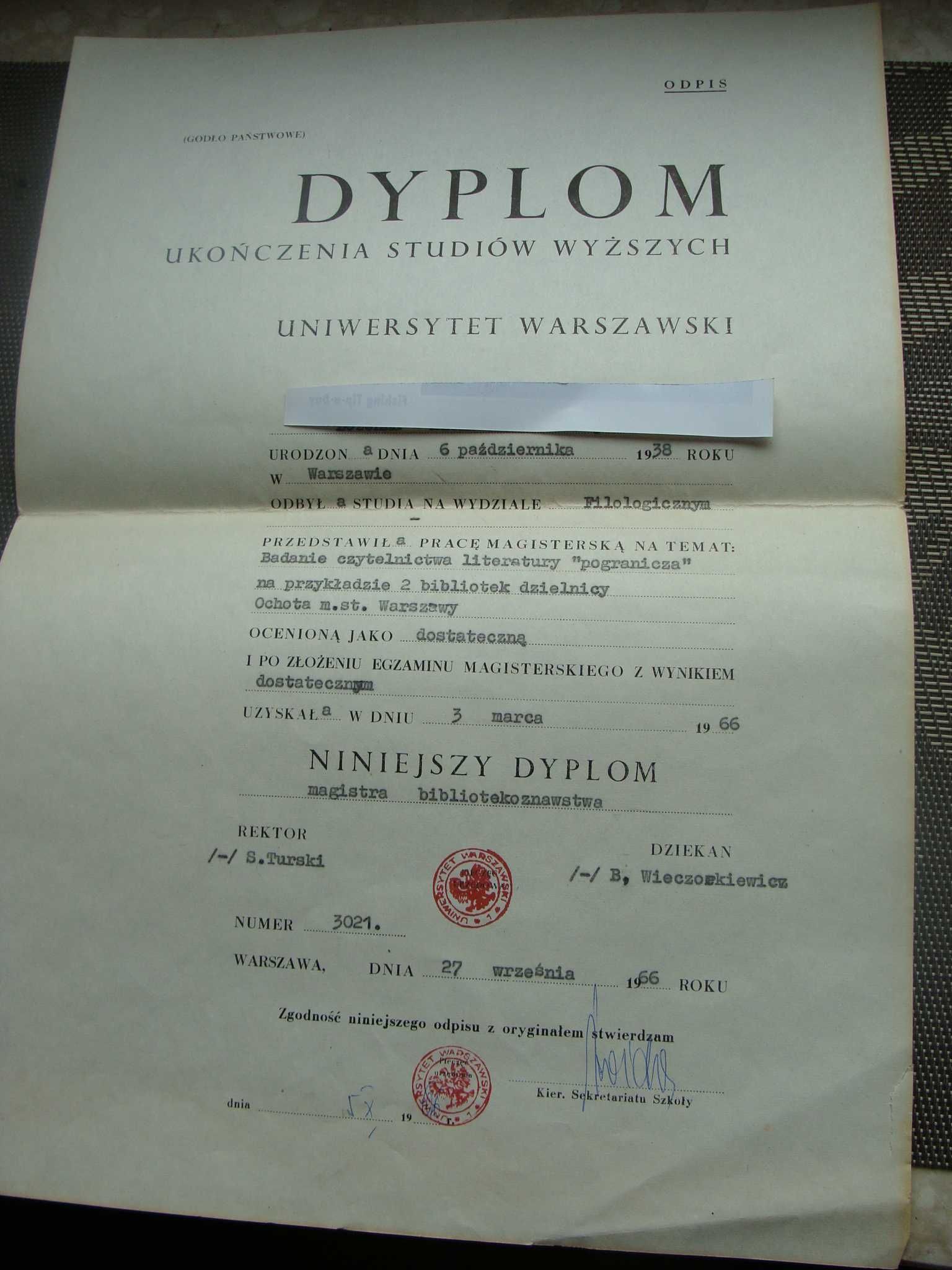 Dyplom UW 1966 r.