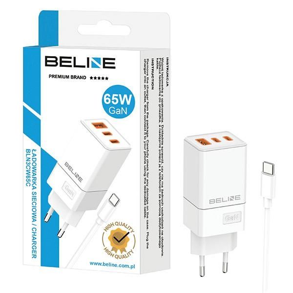 Beline Ład. siec. 2x USB-C + 1x USB 65W+ kabel USB-C biały/white PD 3.