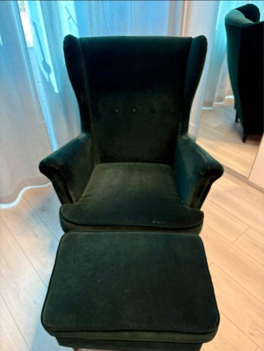 STRANDMON Fotel/podnóżek, Djuparp ciemnozielony