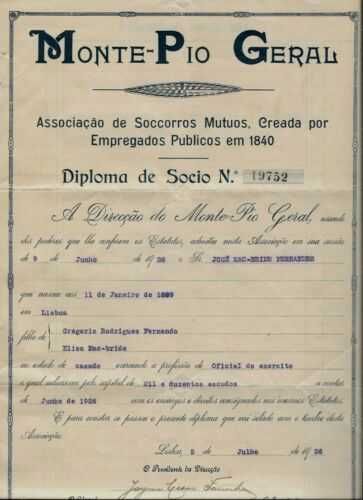 PORTUGAL MONTE PIO GERAL DIPLOMA DE SÓCIO 1926
