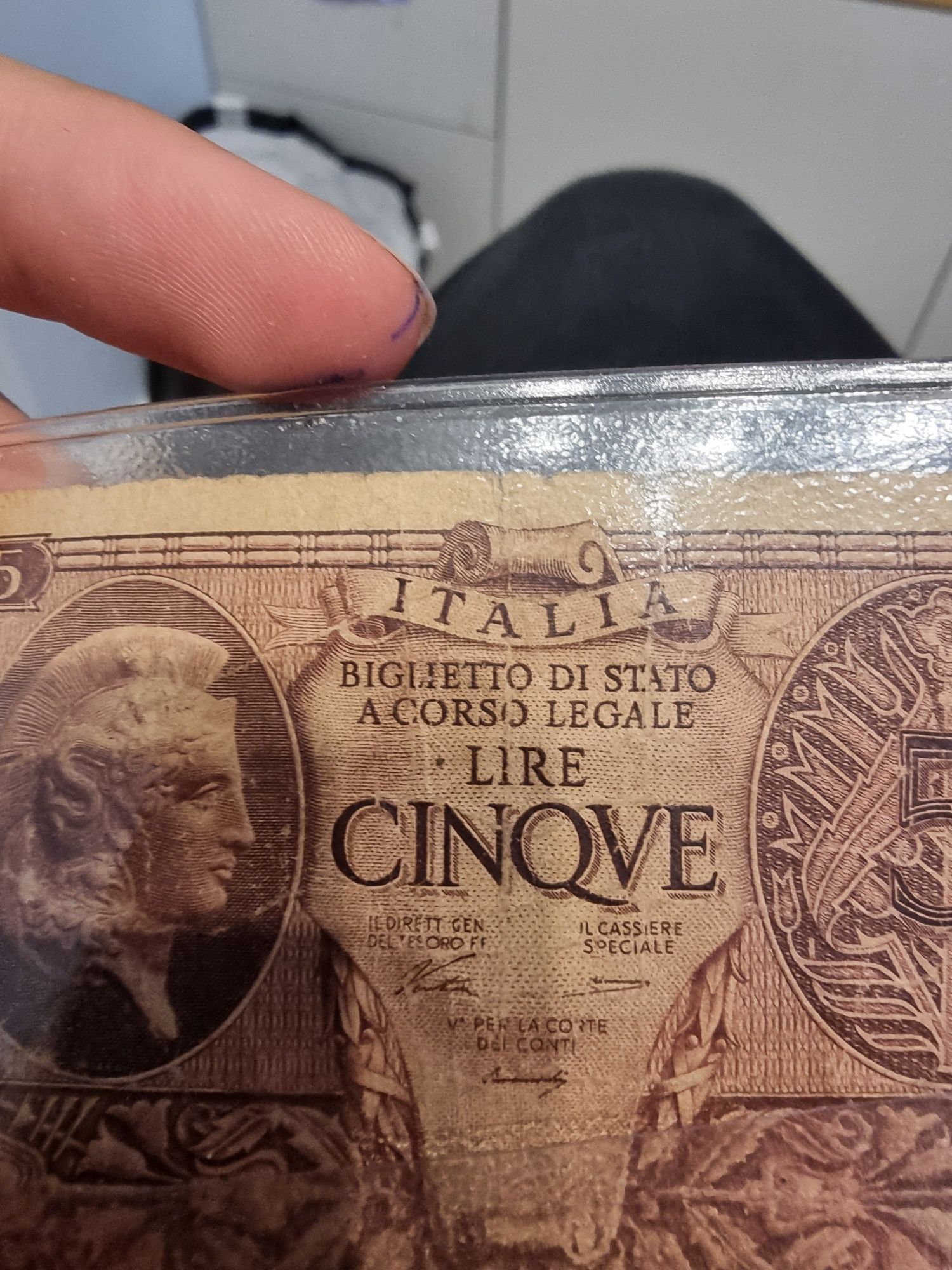 Stary banknot 5 lire 1944rok