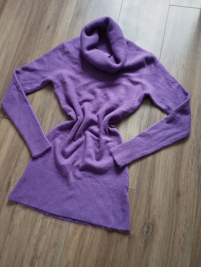 Sukienka mini fioletowa z długim rękawem, S 36. XS 34. Wełna, bawełna,