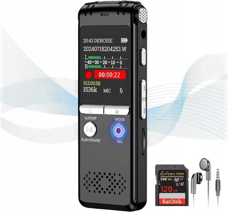 Dyktafon cyfrowy z odtwarzaczem MP3, Karta 128GB