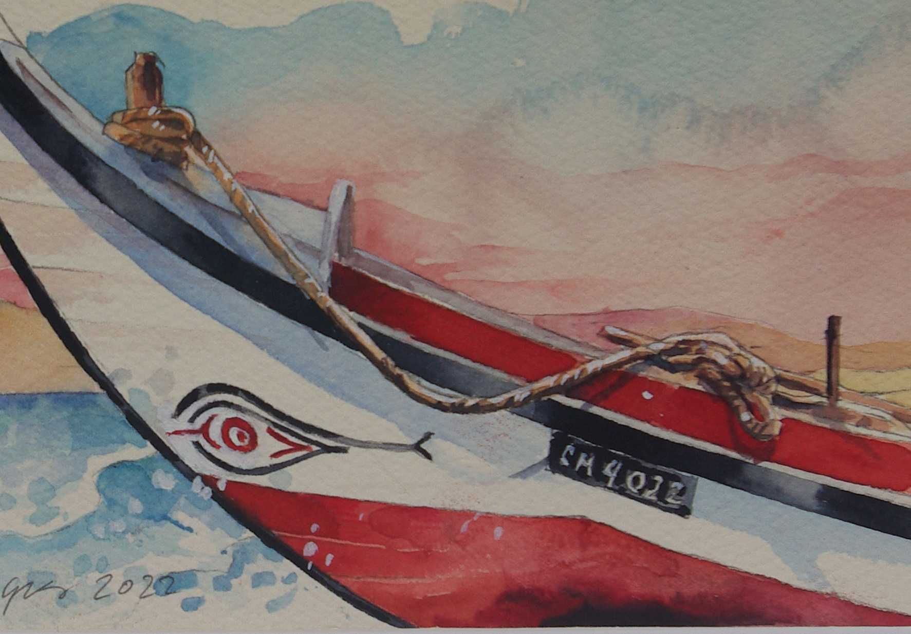 Costa de Caparica, Proa de barco  pesca.  Aguarela de Carlos Marques.