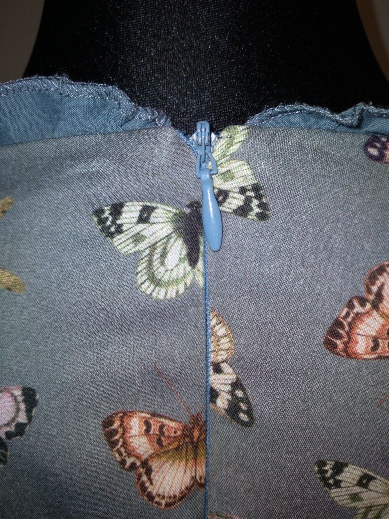 Letnia szara sukienka w motylki, 38 rozmiar
