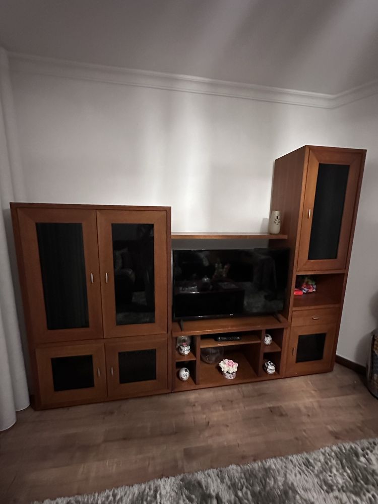 Movel de sala com arrumação, madeira e vidros escuros