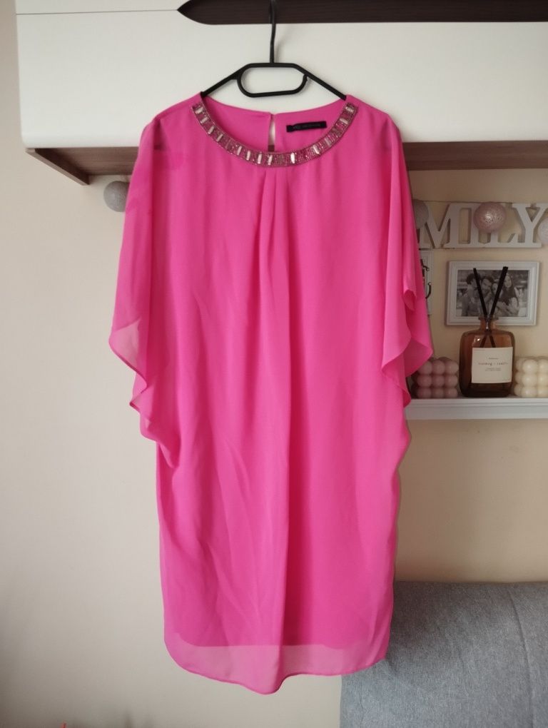 Piękna sukienka motyl oversize róż magenta S 36