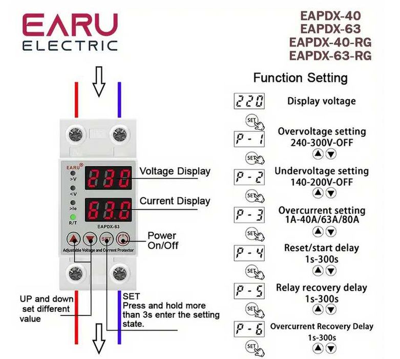 Защитное реле контроля напряжения 63А с дисплеем