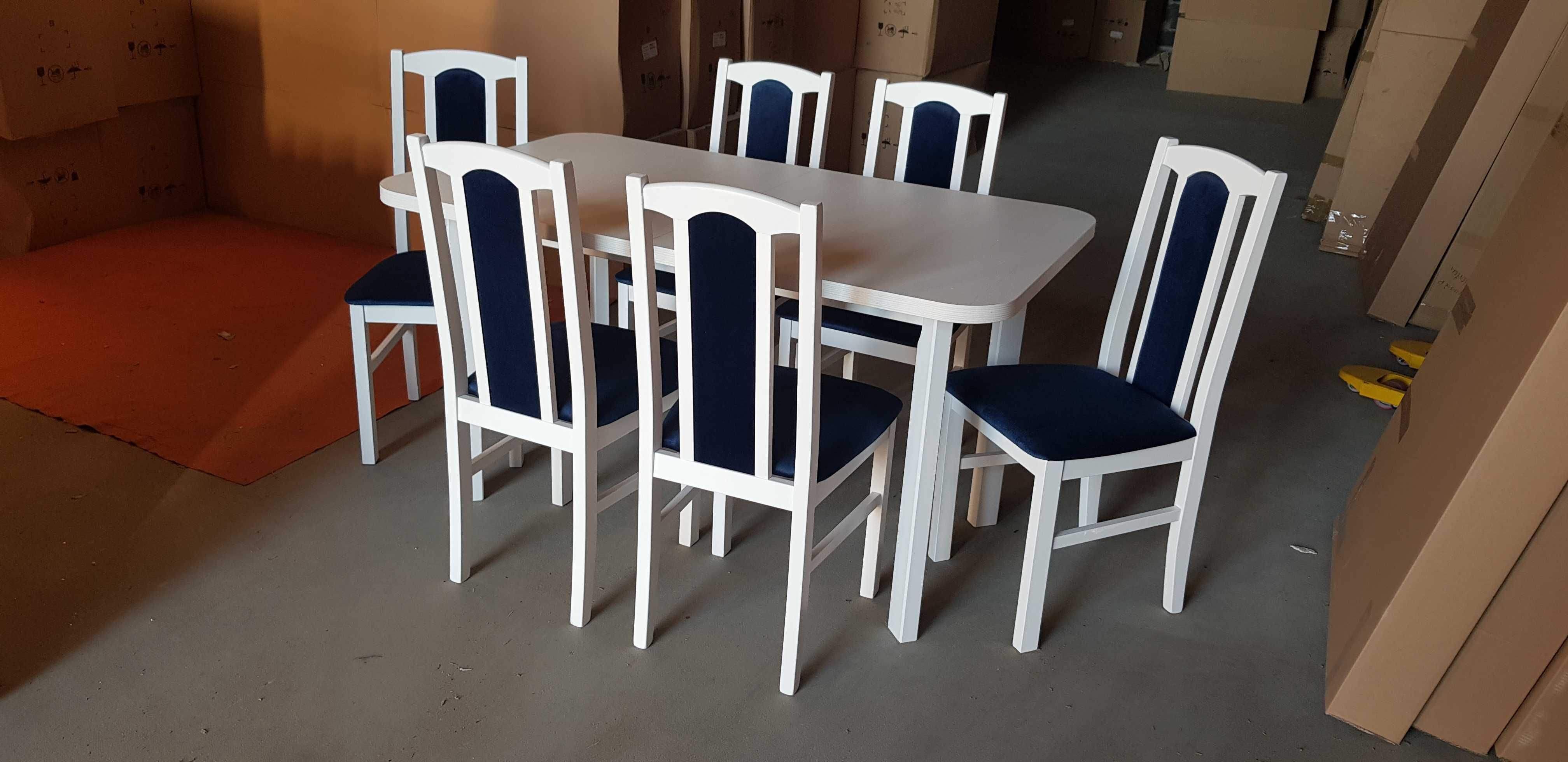 NOWE: Stół 80x140/180 + 6 krzeseł, biały + granat , dostawa PL