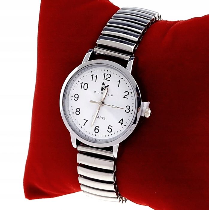 Zegarek Babciny Srebrny Duże Cyfry Na Gumce Rozciągliwy