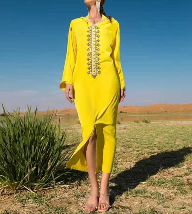 Stylowa żółta sukienka kaftan rozmiar M