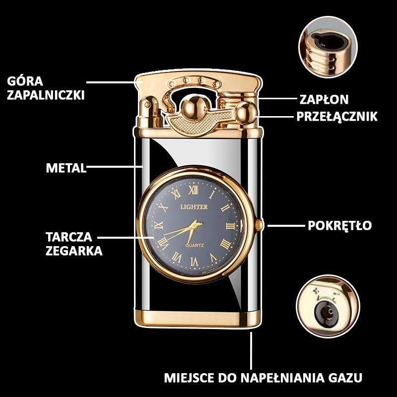 Metalowa Zapalniczka Gazowa + Zegarek + BUTELKA GAZU
