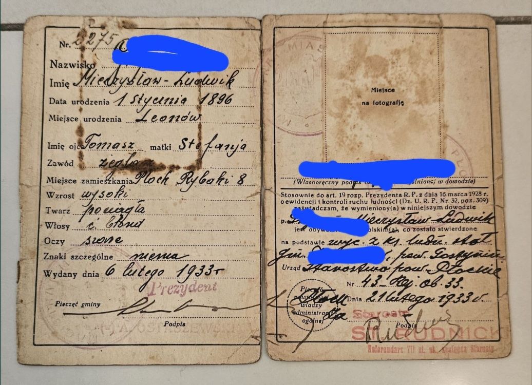 Dowód osobisty przedwojenny 1933 r. Płock