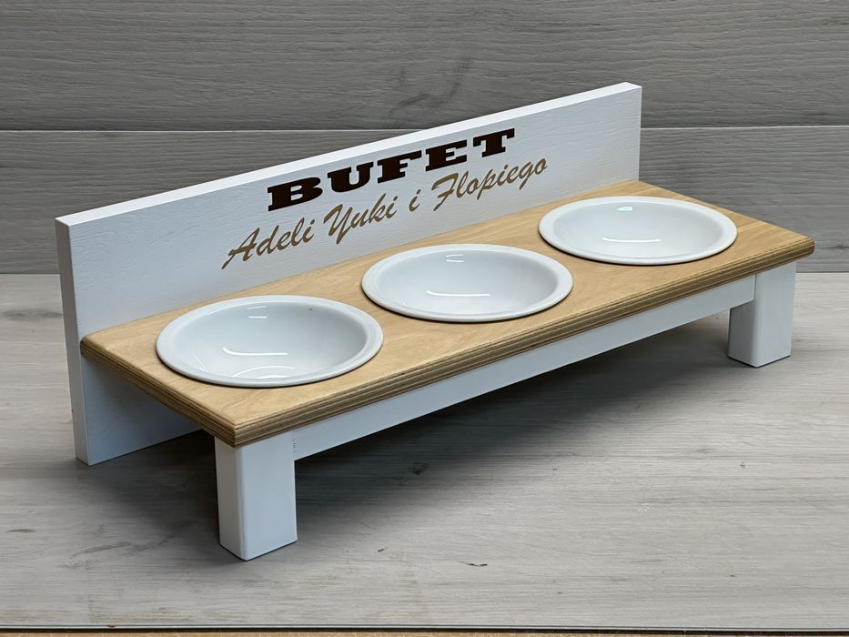 3 Miski ceramiczne dla kotów na stojaku + Twój nadruk - Biały + BUK