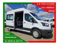 Ford transit L3H3 *44999zł NETTO* Brygadówka 7 osób 2.0TdCi/131KM  Wielofunkcyjna kierownica, Grzana szyba, Airbag kierowcy Czujniki,