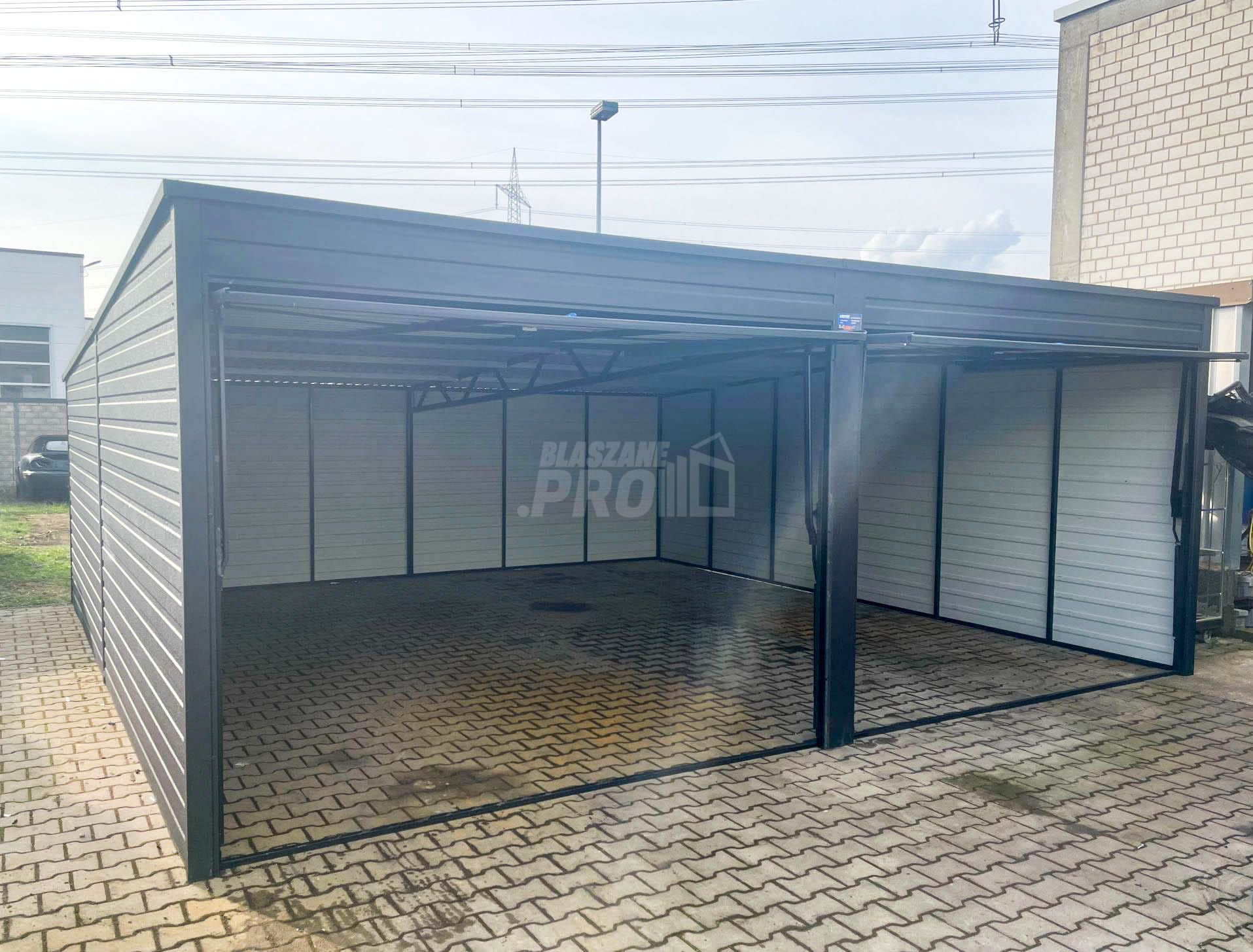 Garaż blaszany 6x6 2x Brama uchylna Antracyt Dach spad w tył  GP279