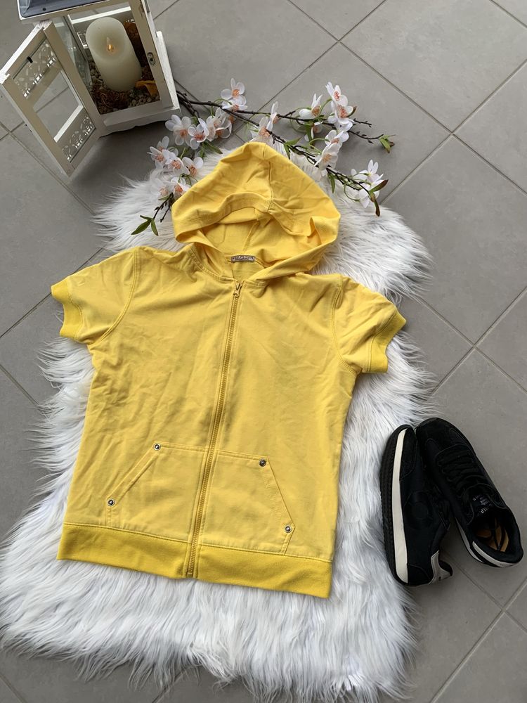 Bluza na krótki rękaw z kapturem vintage retro bluzka zapinana (M)
