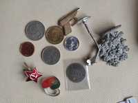 vintage zestaw monety ZSRR Odznaka, przypinka, sierp i młot.