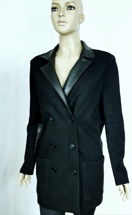 Bottega Veneta damski czarny płaszczyk wełna skóra rozmiar 40 L