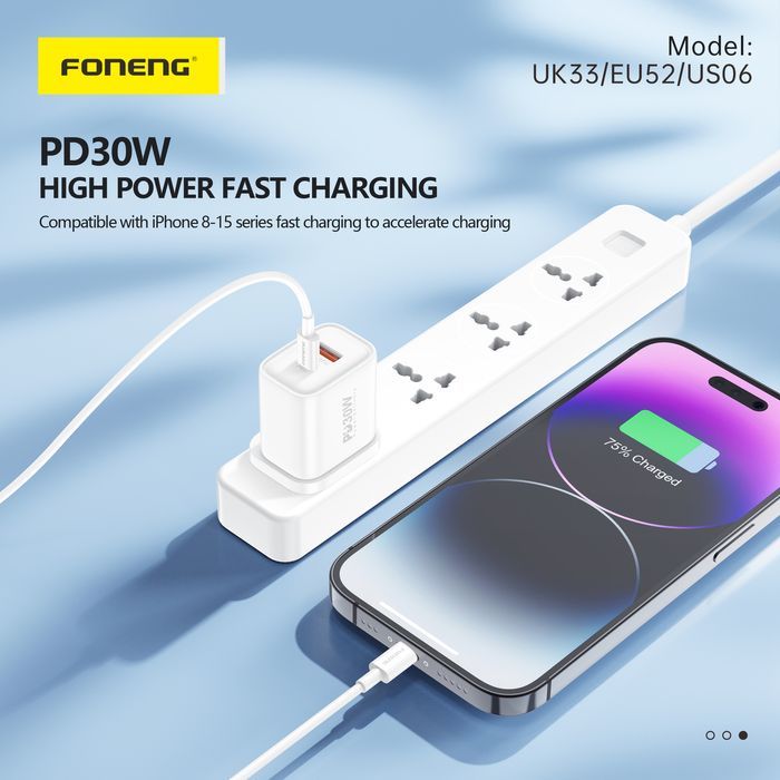 Foneng Ładowarka Sieciowa Eu52 - Usb + Typ C - Qc 3.0 Pd 30W Biała