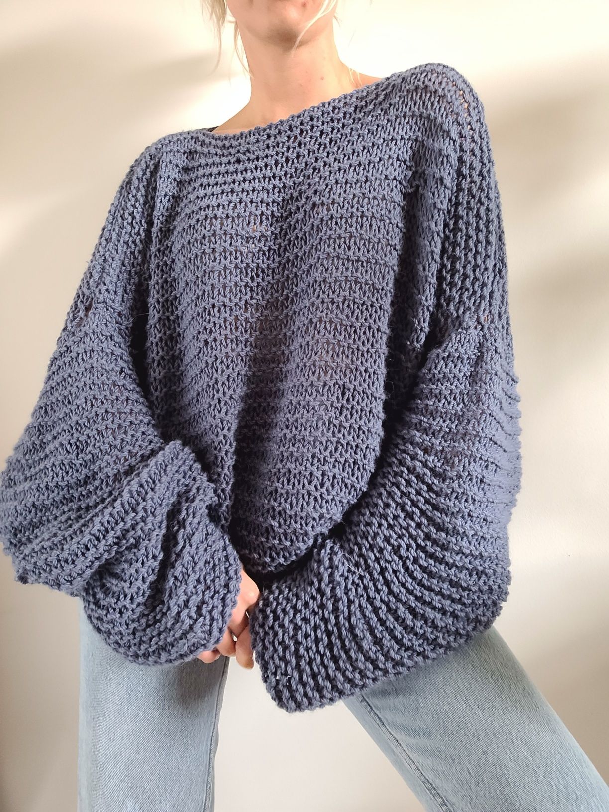 Gruby wełniany ażurowy sweter oversize handmade