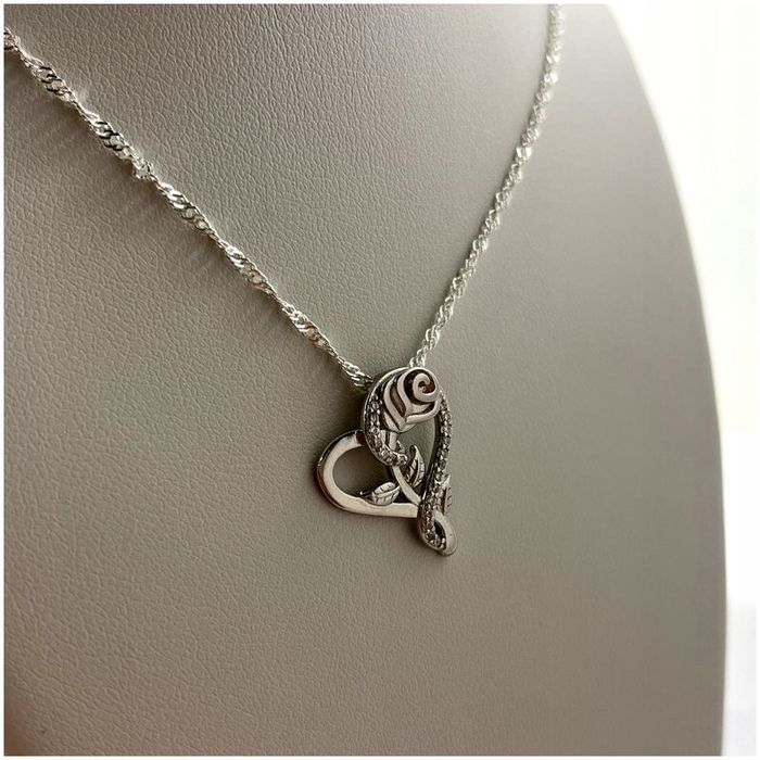 Srebrny Naszyjnik + Wisiorek Serce 925 + Róża Wieczna Na Dzień Nauczyc