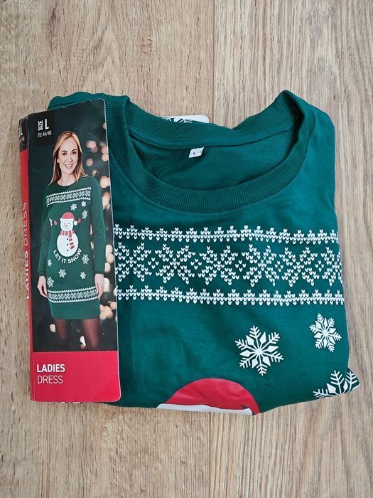 Sukienka Świąteczna Bałwan Let It Snow Zielona L 44/46