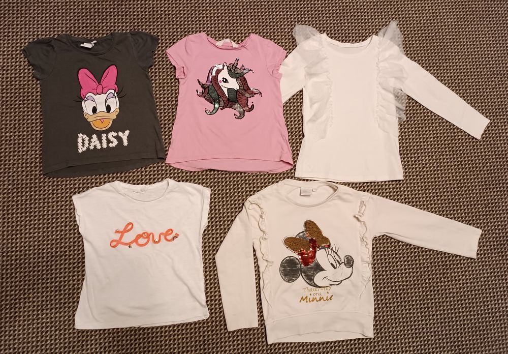 Zestaw 5 x H&M + Disney: koszulka, bluzka, Minnie, Daisy 110/116