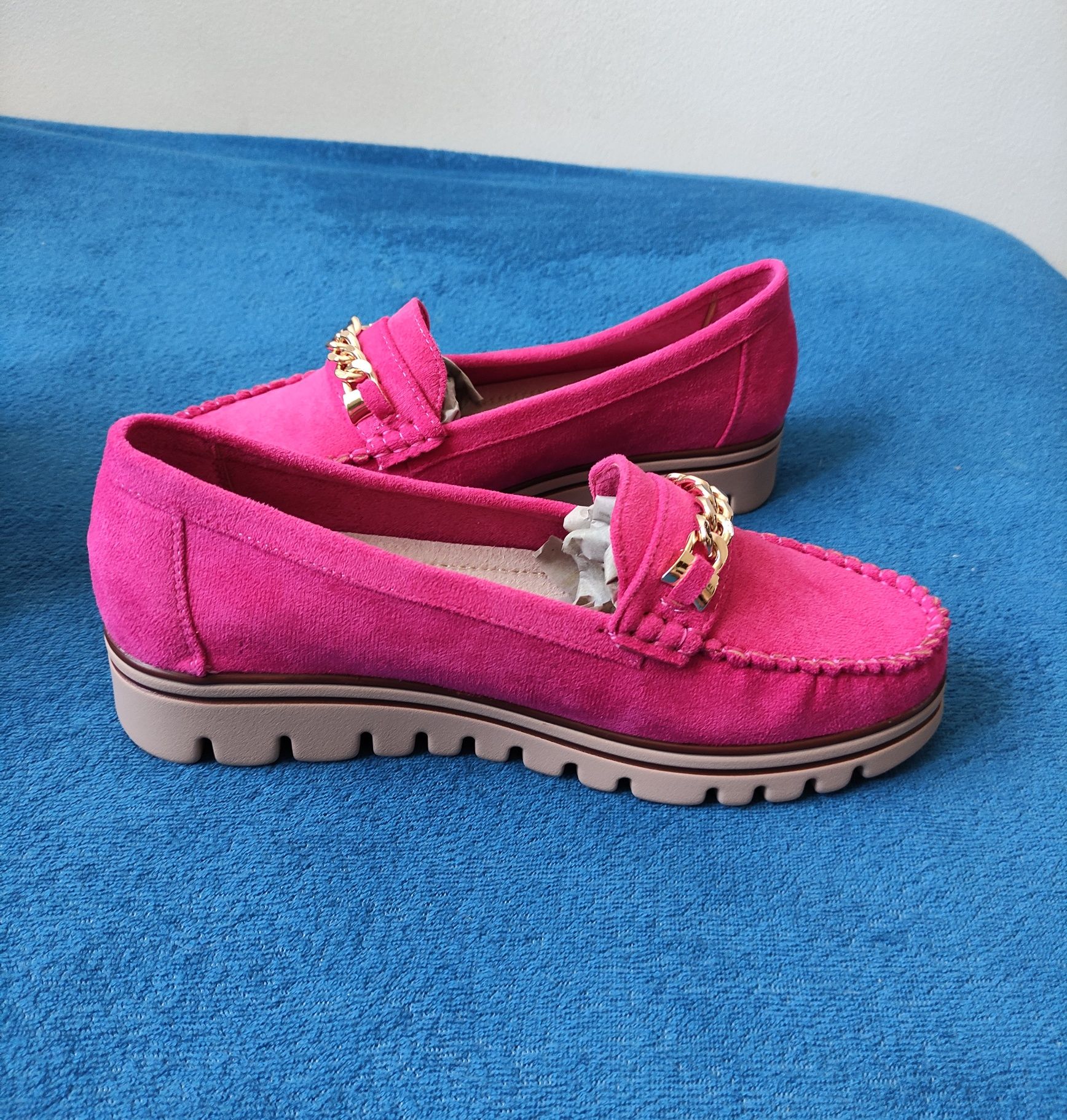 Mokasyny Loafersy 39 fuksja ekoskóra ekozamsz