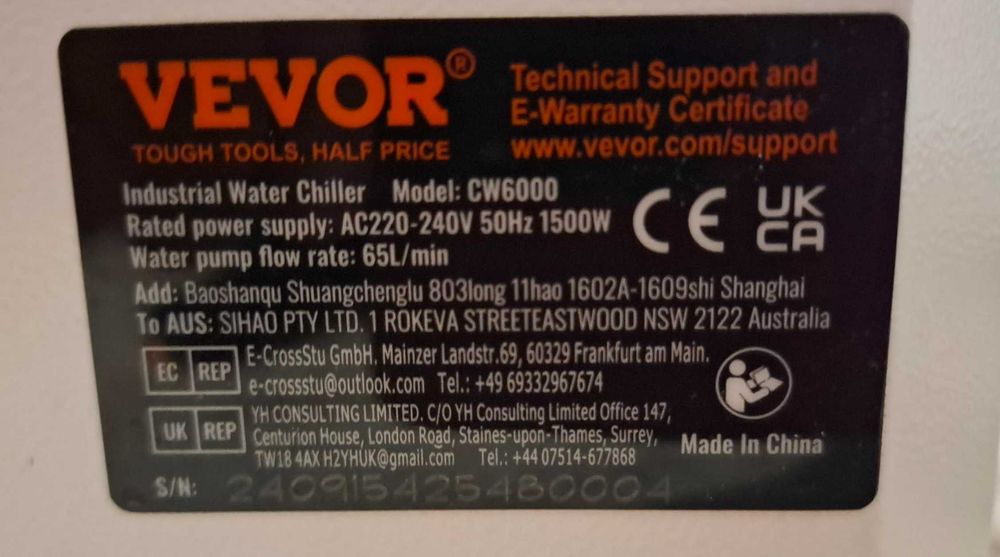 Chiller chłodnica laser wrzeciono cnc CW-6000 nowa