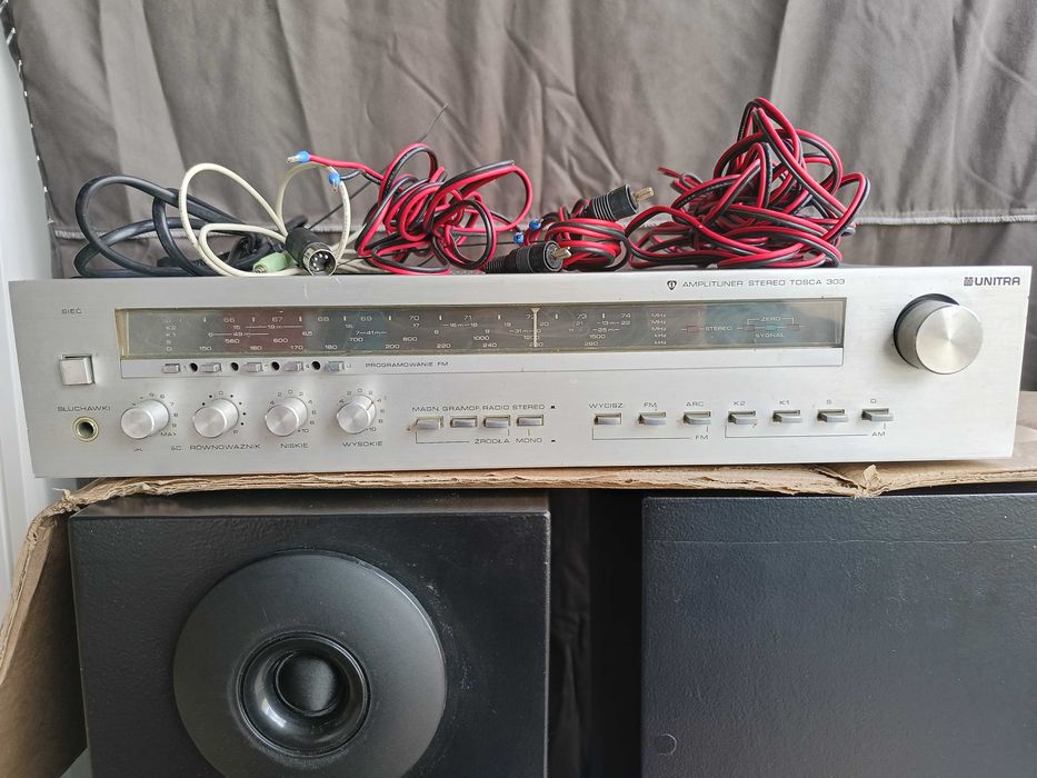 Amplituner Unitra, Kolumny głośniki trójdrożne 120WATT Kable, Zestaw