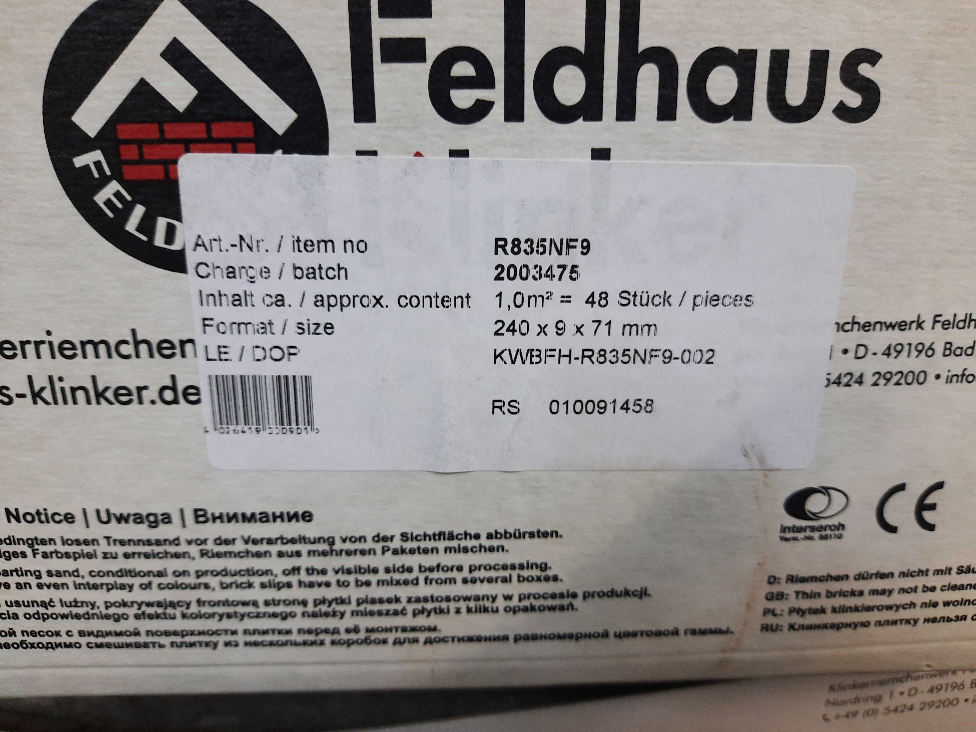 Płytki klinkierowe elewacyjne FELDHAUS R835. 6,5 metra kwadratowego