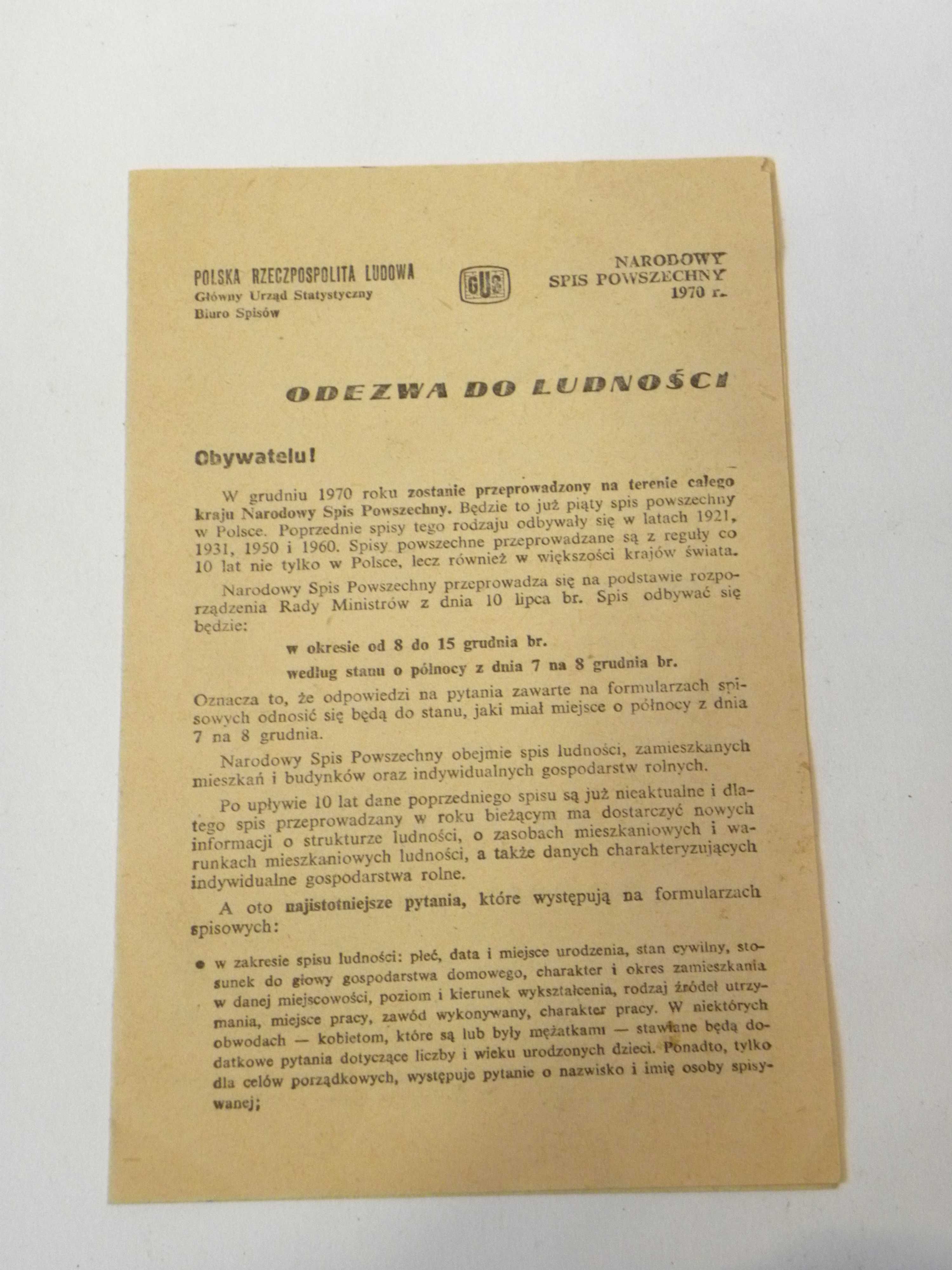 Kolekcjonerski dokument - Odezwa do ludności - rok 1970