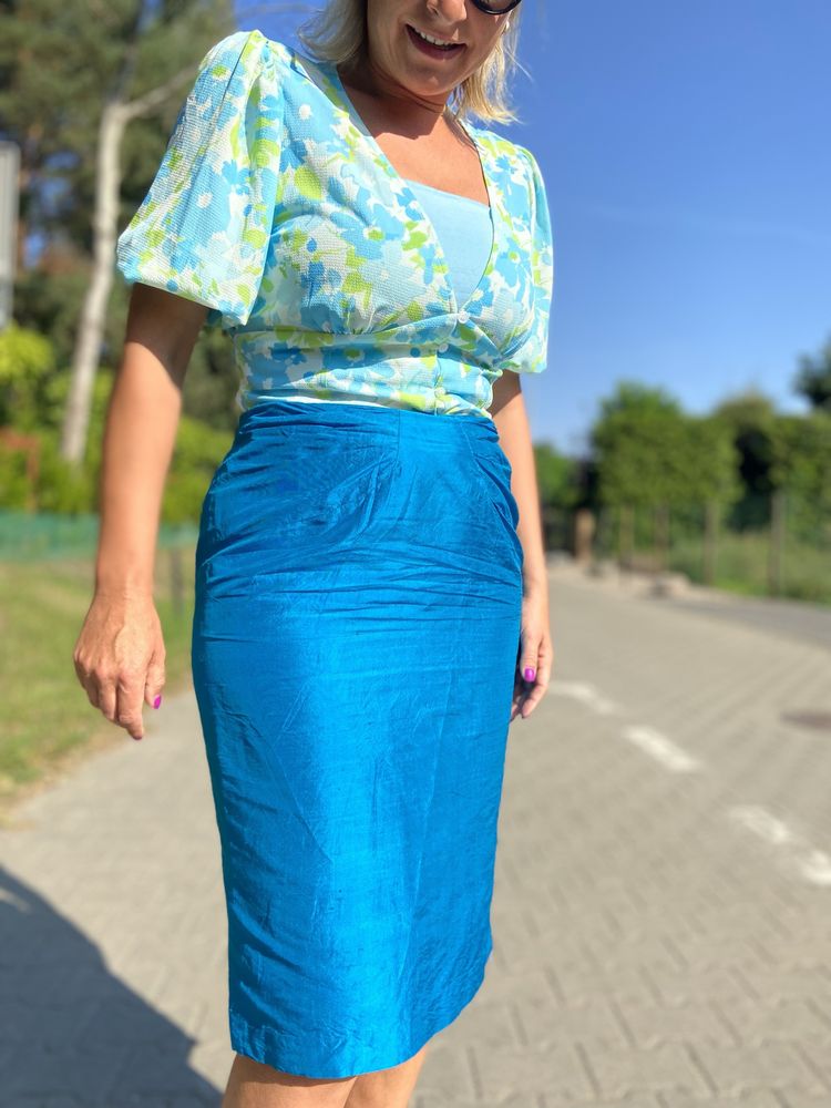 Vintage jedwabna jedwab szmaragdowa 40