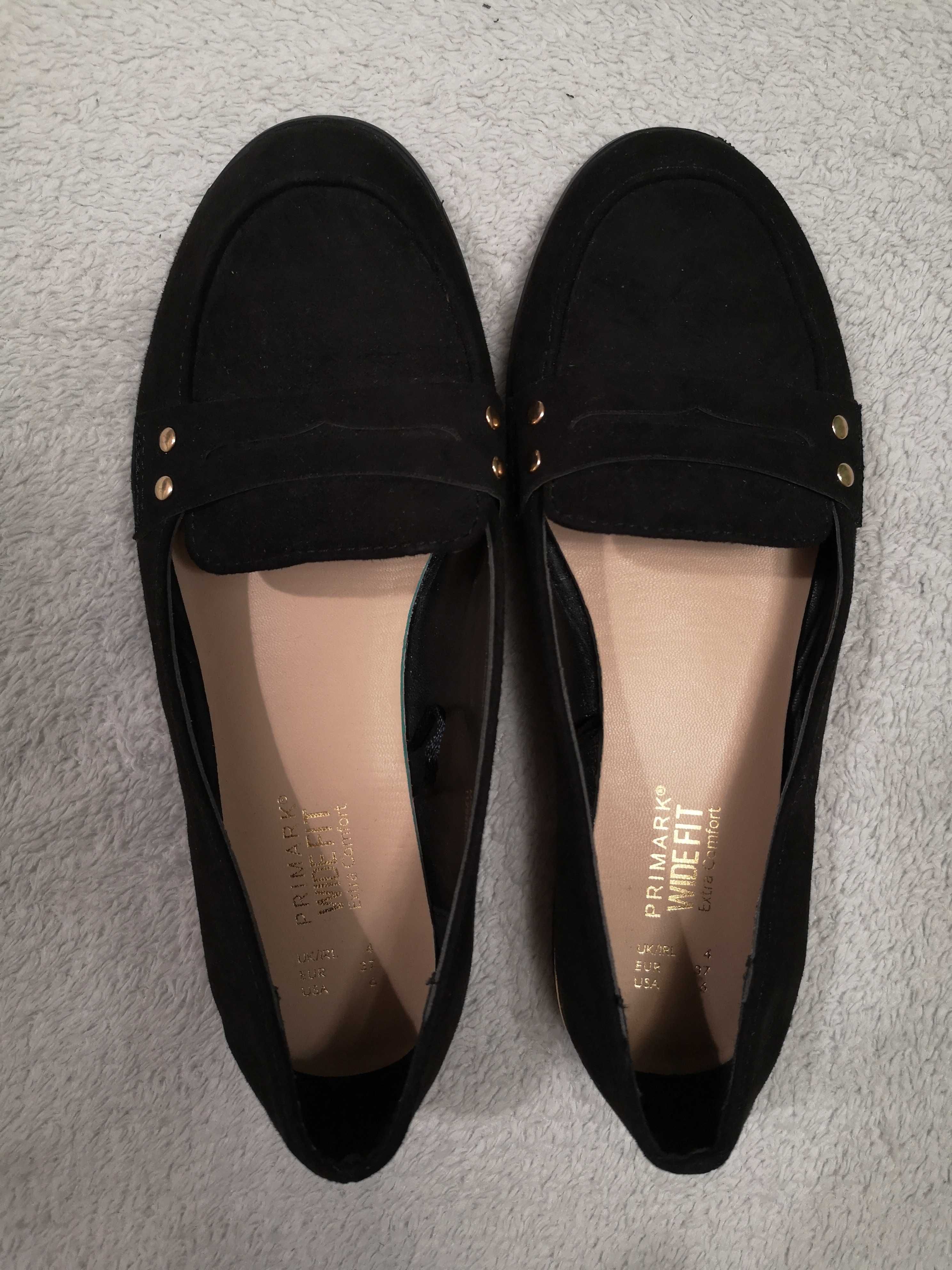Czarne zamszowe eleganckie buty mokasyny Primark Wide Fit 37 jak nowe