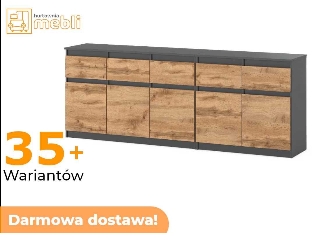 Biała Komoda Best Oleksa 200cm Szary Mat Dąb Wotan 5D/5SZ Do Salonu