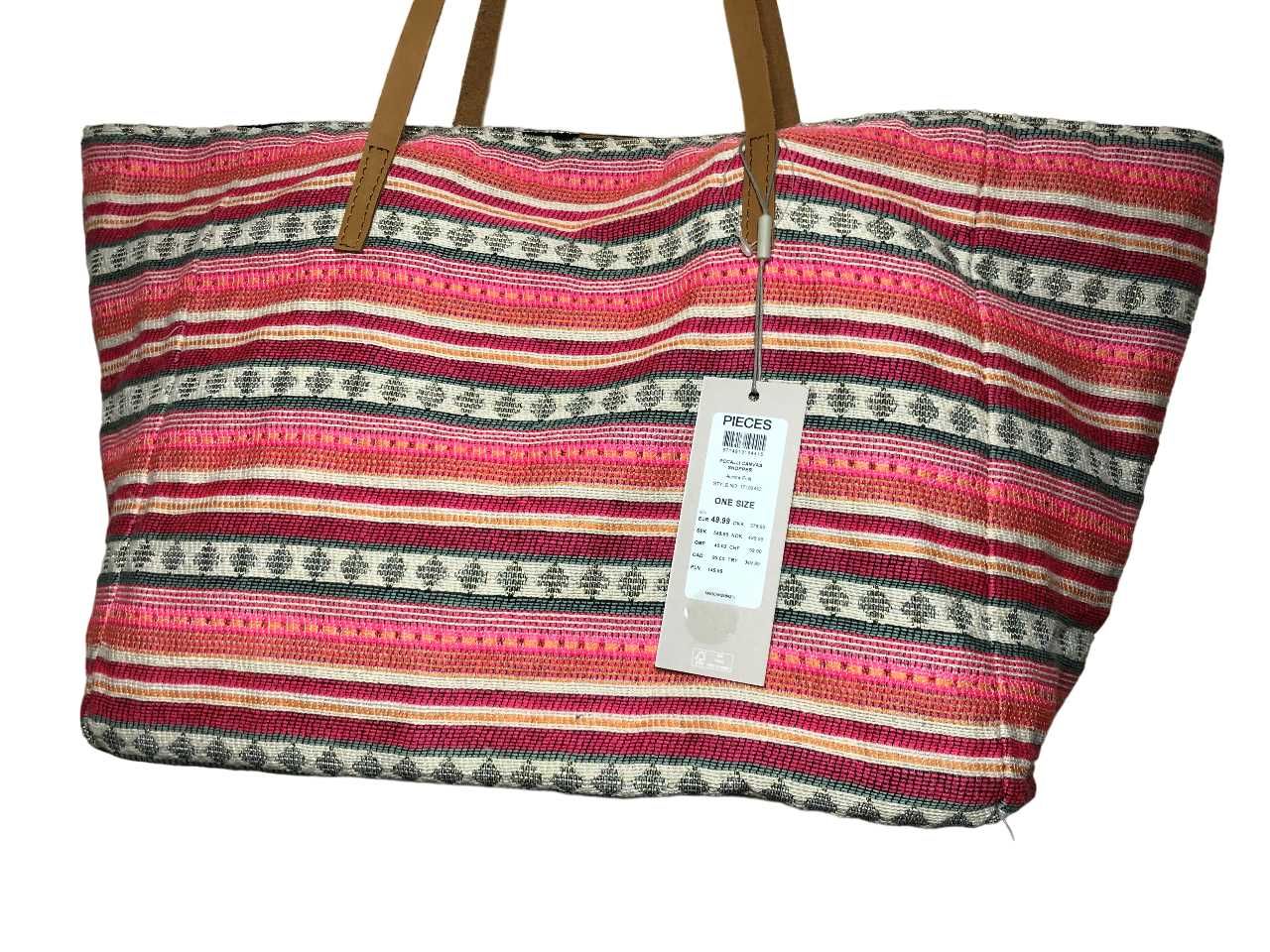 2154 Duża Elegancka Tkana Torba Plażowa Na Ramię PIECES Canvas Indie