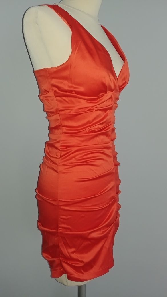 S AX Paris koralowa pomarańczowa marszczona sukienka mini wesele