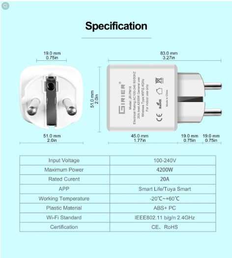 GIRIER Tuya Wifi Smart Plug 20A EU