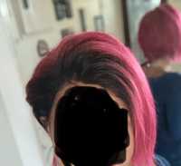 Protese de cabelo humano, curto, rosa