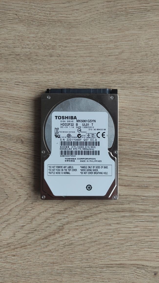 Disco HDD 2.5" de 500GB SATA Toshiba usado